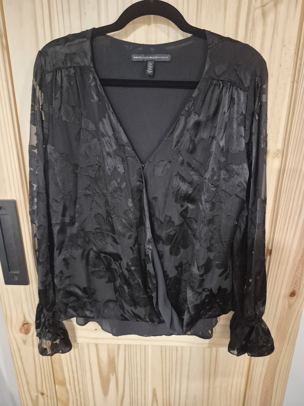 White House Black Market Black Burnout Floral V-Neck Blouse